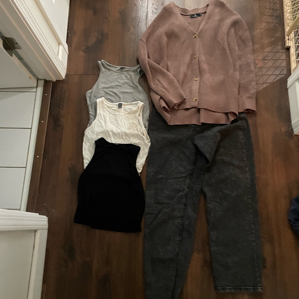 Mauve Button Cardigan with Gray Jeans and Tank Tops